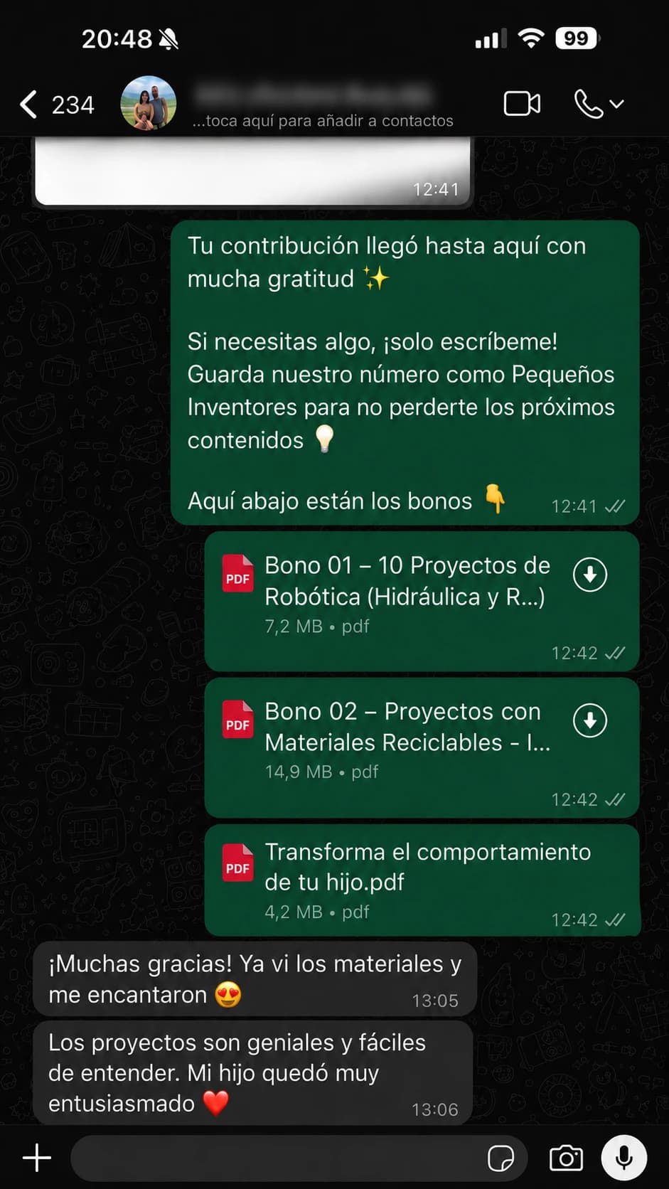 Captura de una conversación real con una familia que probó Mentes en Acción