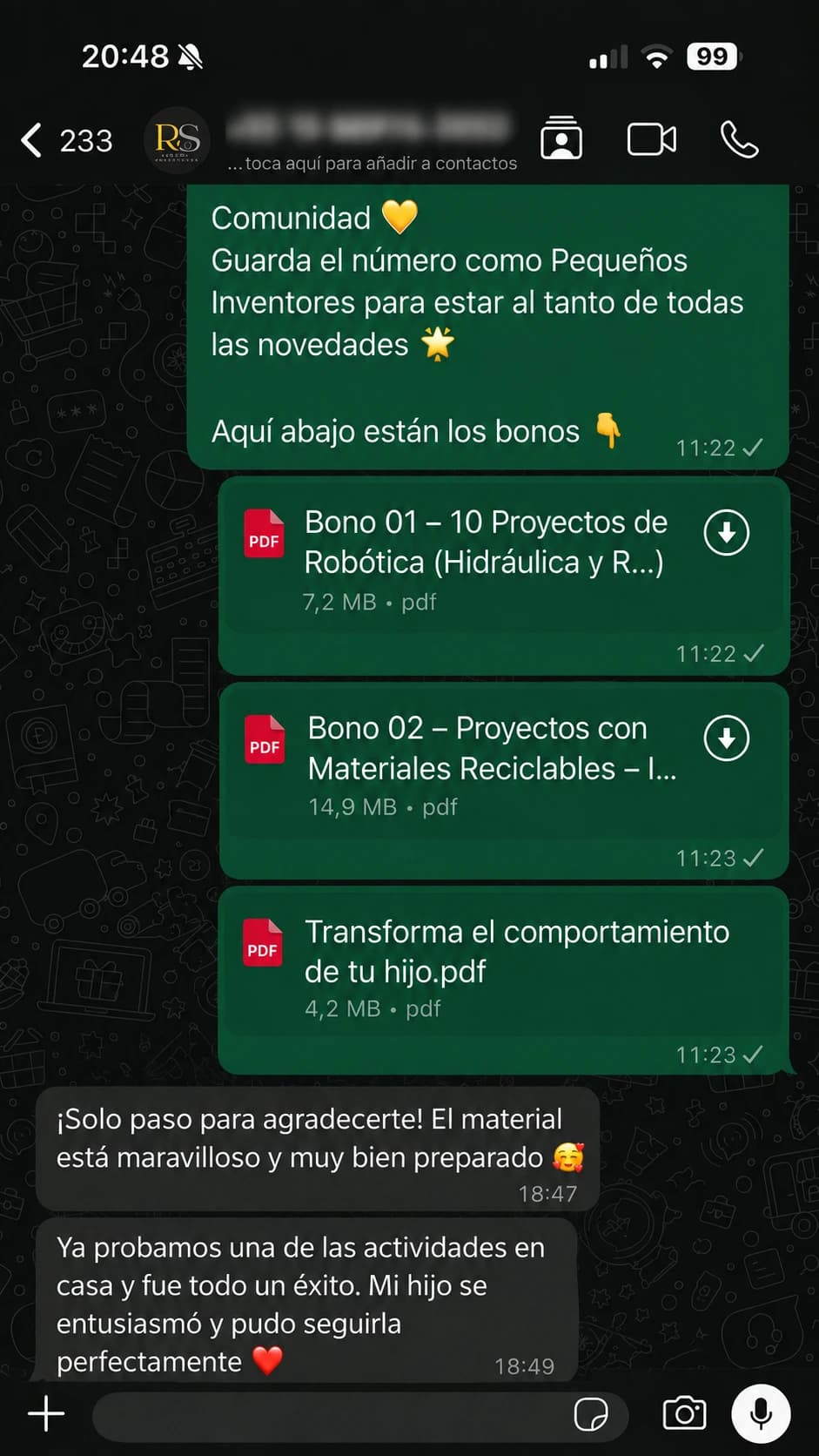 Captura de una conversación real con una familia que probó Mentes en Acción